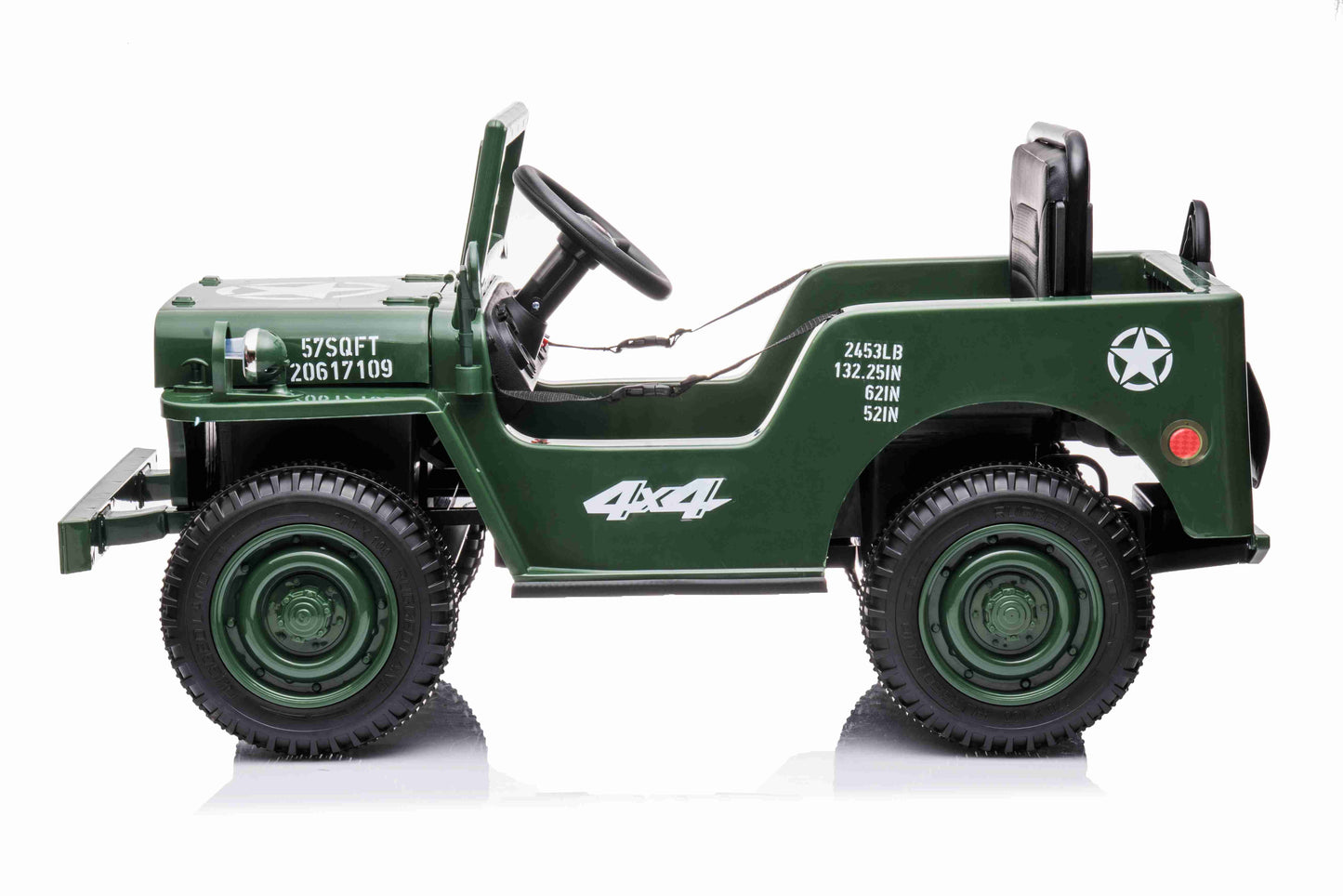 JEEP WILLY VINTAGE 12V CHILDREN'S RIDE ON CAR - LEATHER SEAT - EVA WHEELS - MP3 (ARMY GREEN)