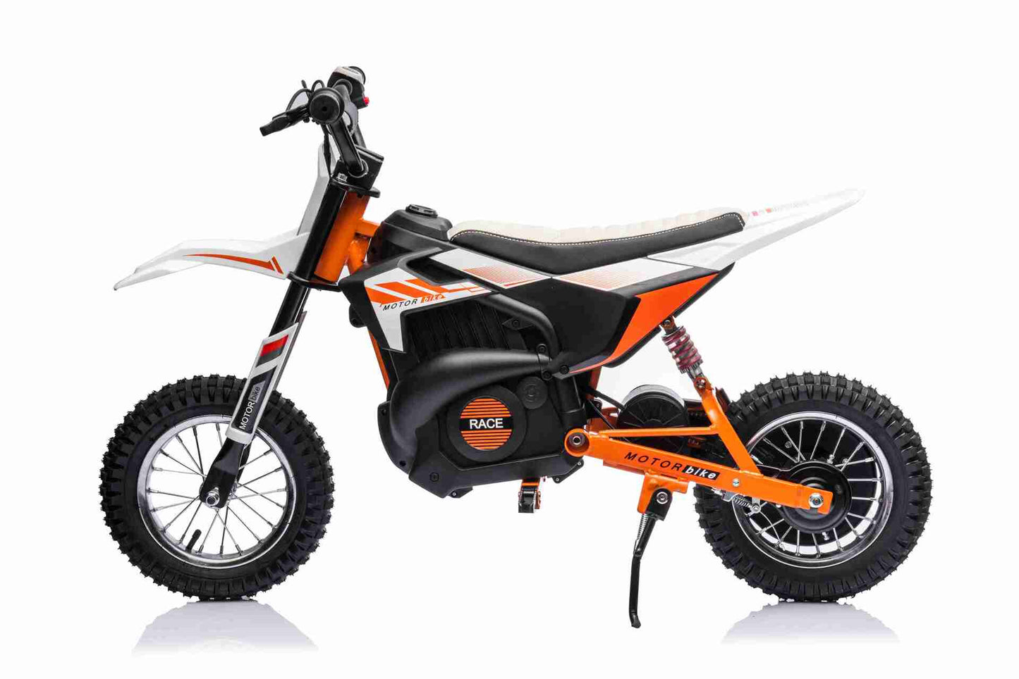 24V SCRAMBLER DIRTBIKE MOTORBIKE - 24V - 250W - LEATHER SEAT / AIR WHEEL - WHITE/ORANGE