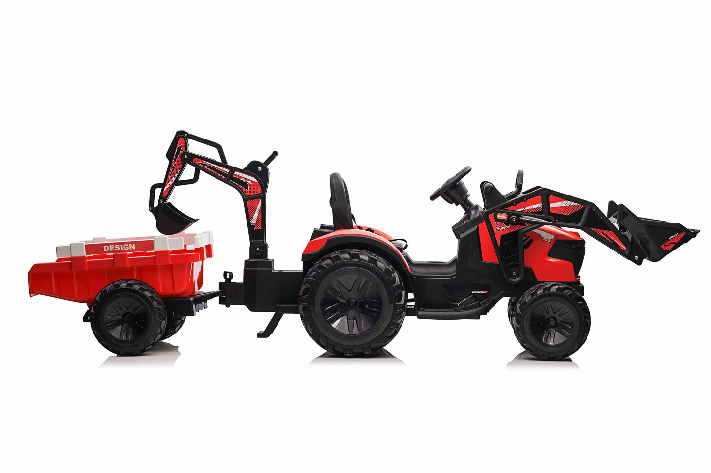 COMBO 24V TRACTOR - 3 IN 1 - MULTI FUNCTION WITH BUCKET, TRAILER, EXCAVATOR - RED