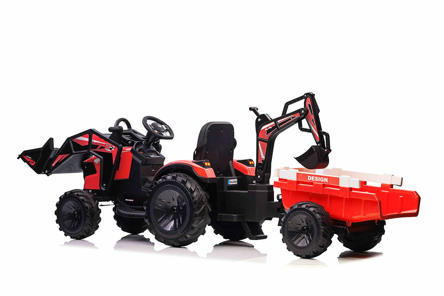 COMBO 24V TRACTOR - 3 IN 1 - MULTI FUNCTION WITH BUCKET, TRAILER, EXCAVATOR - RED