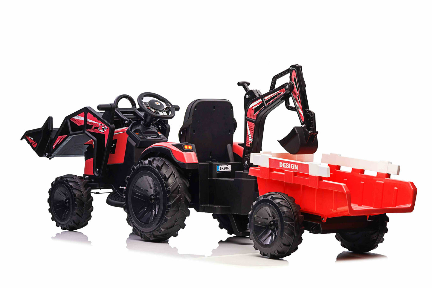 COMBO 24V TRACTOR - 3 IN 1 - MULTI FUNCTION WITH BUCKET, TRAILER, EXCAVATOR - RED