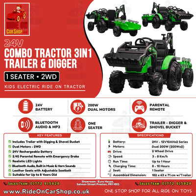 Combo 24V Tractor - 3 IN 1 - Multi Function With Front Loader, Rear Digger and Trailer | Green