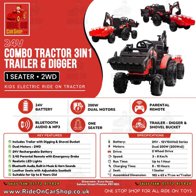 Combo 24V Tractor - 3 IN 1 - Multi Function With Front Loader, Rear Digger and Trailer | Red
