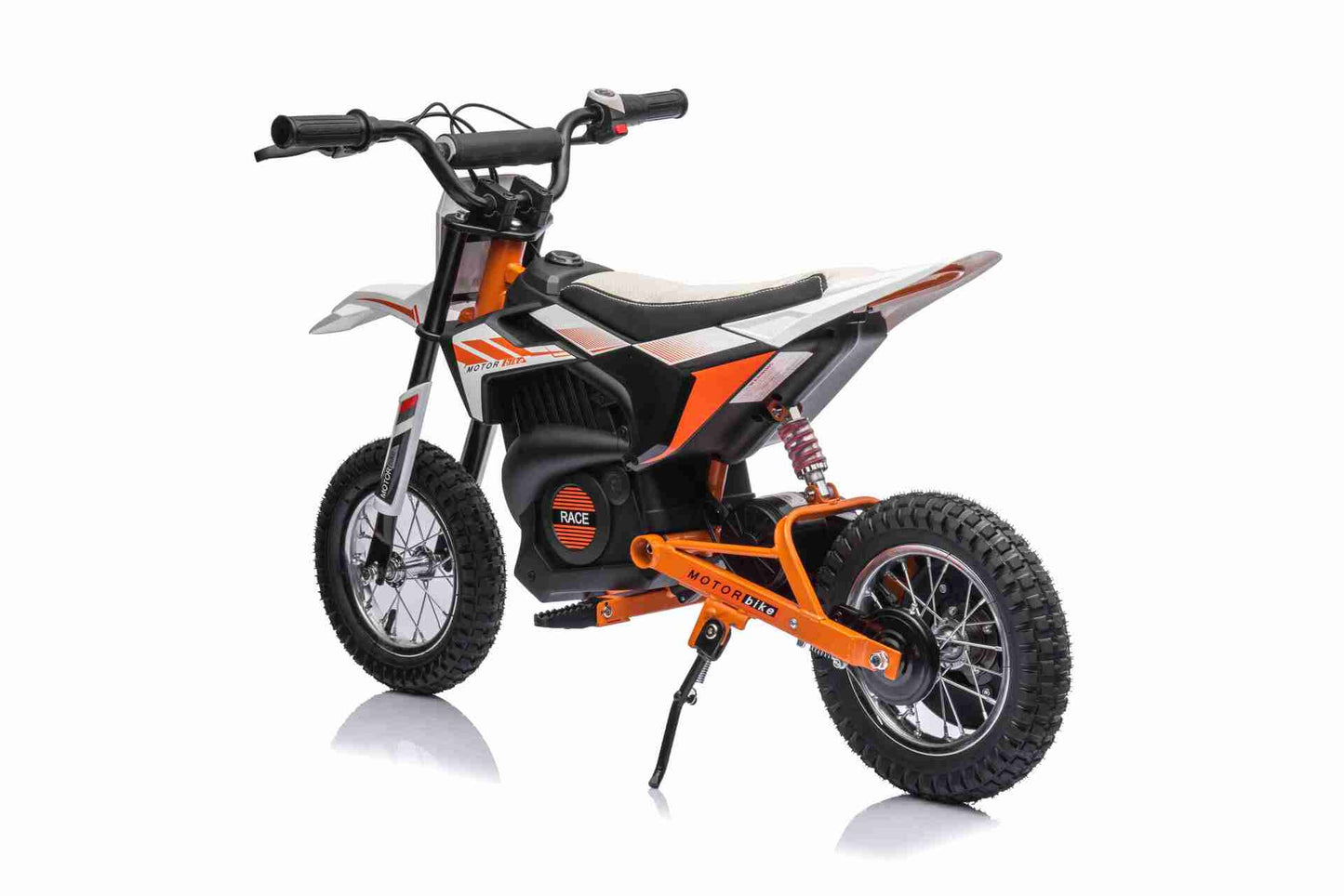 24V SCRAMBLER DIRTBIKE MOTORBIKE - 24V - 250W - LEATHER SEAT / AIR WHEEL - WHITE/ORANGE