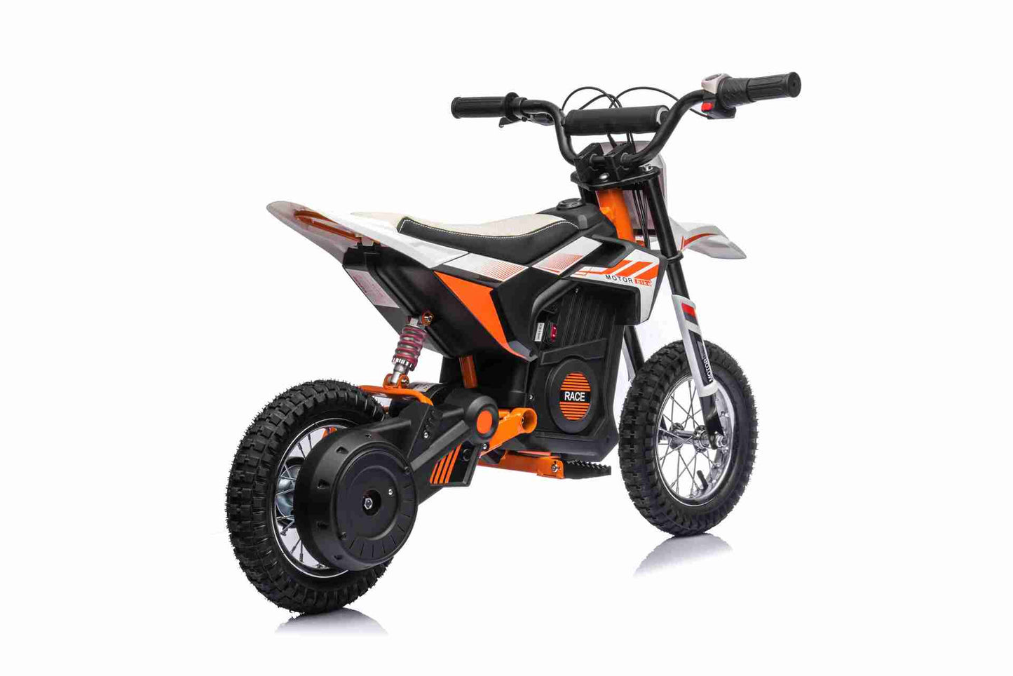 24V SCRAMBLER DIRTBIKE MOTORBIKE - 24V - 250W - LEATHER SEAT / AIR WHEEL - WHITE/ORANGE