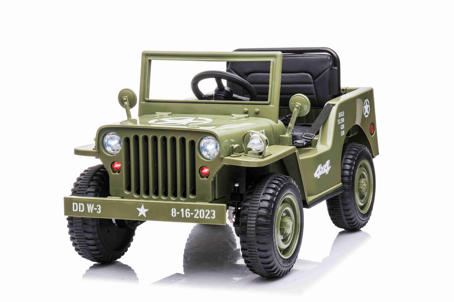 JEEP WILLY VINTAGE 12V CHILDREN'S RIDE ON CAR - LEATHER SEAT - EVA WHEELS - MP3 (OLIVE GREEN)