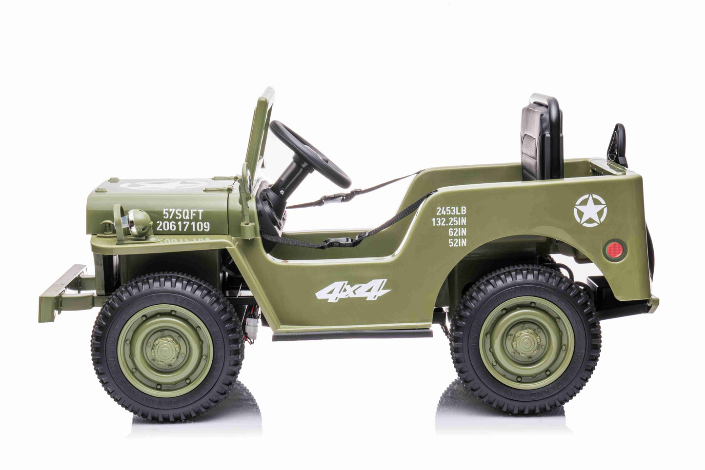 JEEP WILLY VINTAGE 12V CHILDREN'S RIDE ON CAR - LEATHER SEAT - EVA WHEELS - MP3 (OLIVE GREEN)