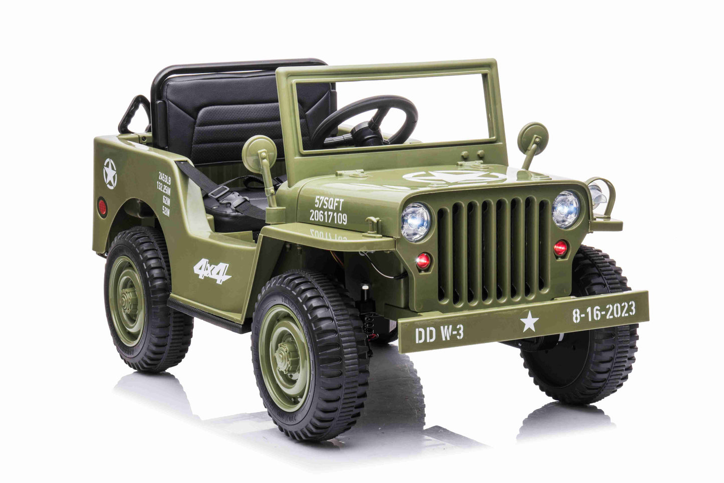 JEEP WILLY VINTAGE 12V CHILDREN'S RIDE ON CAR - LEATHER SEAT - EVA WHEELS - MP3 (OLIVE GREEN)