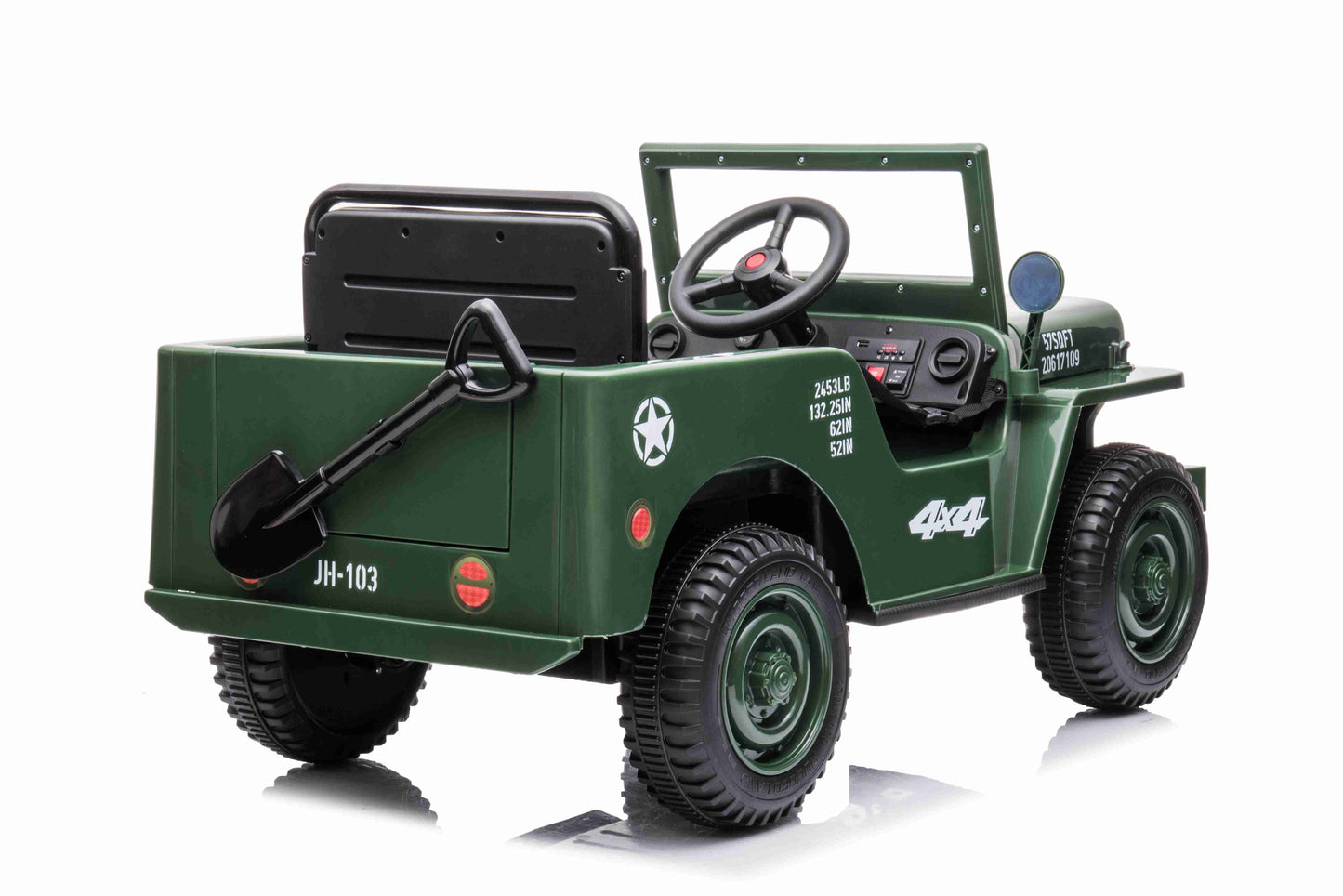 JEEP WILLY VINTAGE 12V CHILDREN'S RIDE ON CAR - LEATHER SEAT - EVA WHEELS - MP3 (ARMY GREEN)