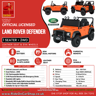 Land Rover Defender 110 SVX Concept Licensed Ride On Car - 12V - Orange