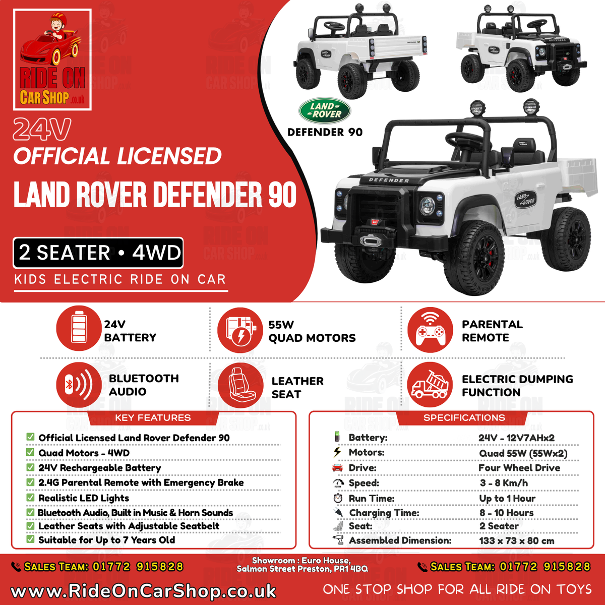 Land Rover Defender 90 Tipper - White | 24V | 4WD | Leather Seat | EVA Wheels
