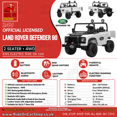 Land Rover Defender 90 Tipper - White | 24V | 4WD | Leather Seat | EVA Wheels