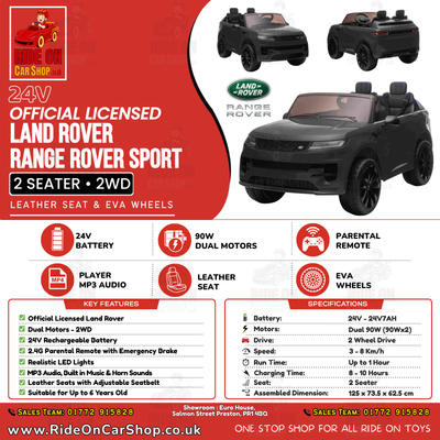 RANGE ROVER SPORT - 24V - 90W -  LEATHER SEAT / EVA WHEELS - MP3 BLUETOOTH - BLACK