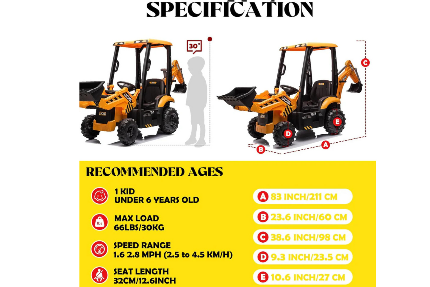 JCB TRACTOR with Digger Arm & Scoop 12V Children’s Ride On Tractor- YELLOW